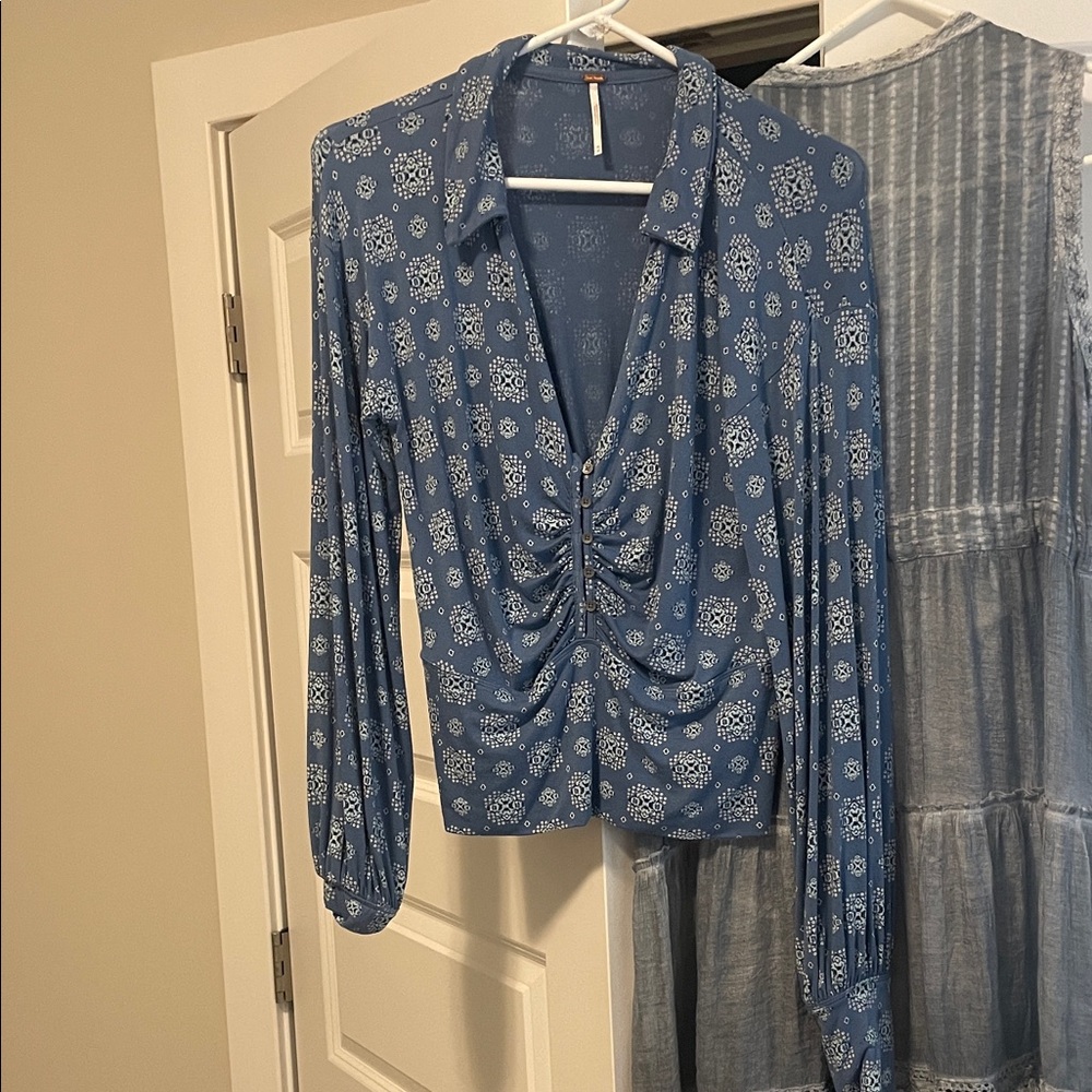 Free People Blue Floral Ruched Blouse